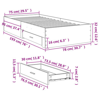 vidaXL Bettgestell mit Schubladen Schwarz 75x190 cm Holzwerkstoff