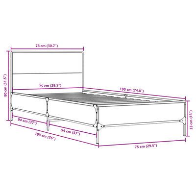 vidaXL Bettgestell Grau Sonoma 75x190 cm Holzwerkstoff und Metall