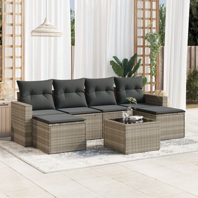 vidaXL 7-tlg. Garten-Sofagarnitur mit Kissen Hellgrau Poly Rattan