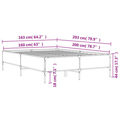 vidaXL Bettgestell Grau Sonoma 160x200 cm Holzwerkstoff und Metall