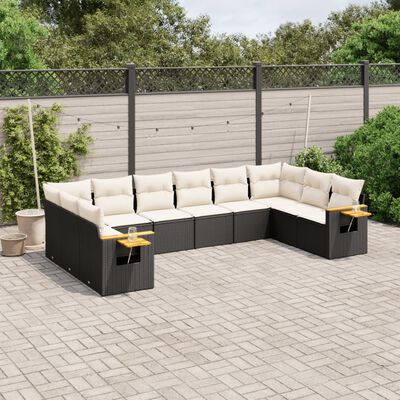 vidaXL 10-tlg. Garten-Sofagarnitur mit Kissen Schwarz Poly Rattan