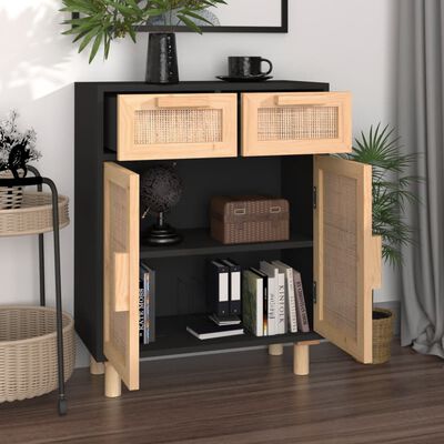 vidaXL Sideboard Schwarz 60x30x75cm Massivholz Kiefer und Natur-Rattan