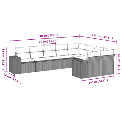 vidaXL 9-tlg. Garten-Sofagarnitur mit Kissen Grau Poly Rattan