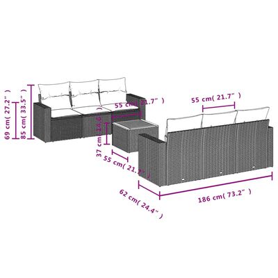 vidaXL 7-tlg. Garten-Sofagarnitur mit Kissen Schwarz Poly Rattan