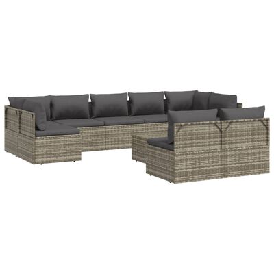 vidaXL 10-tlg. Garten-Lounge-Set mit Kissen Grau Poly Rattan