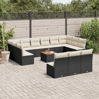 vidaXL 14-tlg. Garten-Sofagarnitur mit Kissen Schwarz Poly Rattan