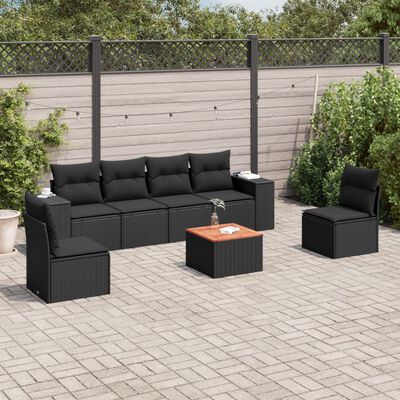 vidaXL 7-tlg. Garten-Sofagarnitur mit Kissen Schwarz Poly Rattan