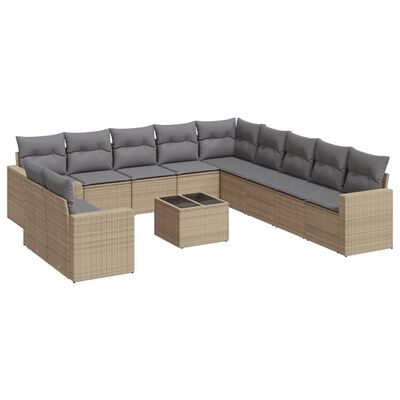 vidaXL 12-tlg. Garten-Sofagarnitur mit Kissen Beige Poly Rattan