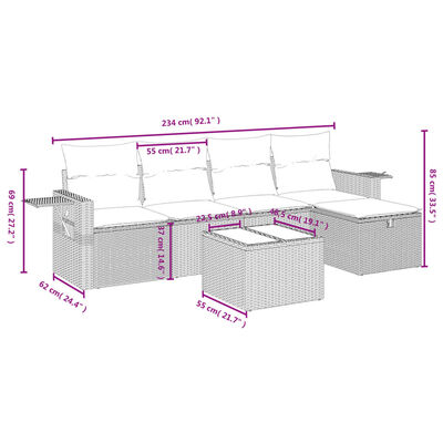 vidaXL 6-tlg. Garten-Sofagarnitur mit Kissen Schwarz Poly Rattan