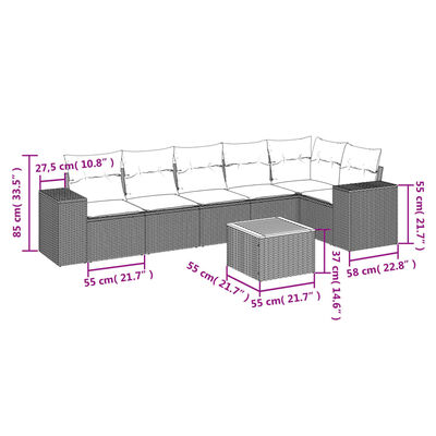 vidaXL 7-tlg. Garten-Sofagarnitur mit Kissen Schwarz Poly Rattan