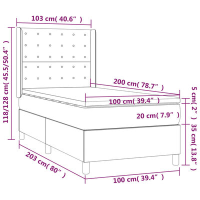 vidaXL Boxspringbett mit Matratze & LED Hellgrau 100x200 cm Samt