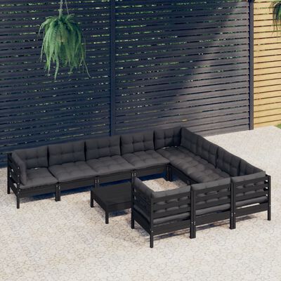 vidaXL 11-tlg. Garten-Lounge-Set mit Kissen Schwarz Kiefernholz