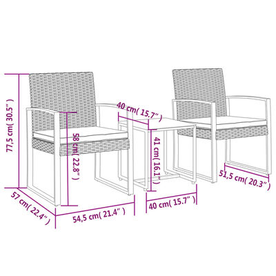 vidaXL 3-tlg. Garten-Essgruppe mit Kissen Braun PP-Rattan