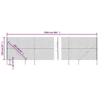 vidaXL Maschendrahtzaun mit Bodenhülsen Silbern 2,2x25 m