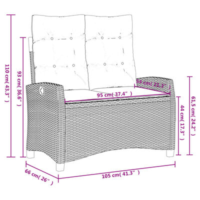 vidaXL Gartenbank Verstellbar mit Kissen Schwarz Poly Rattan