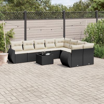 vidaXL 10-tlg. Garten-Sofagarnitur mit Kissen Schwarz Poly Rattan