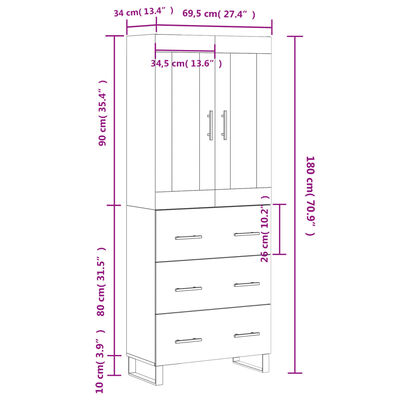 vidaXL Highboard Hochglanz-Weiß 69,5x34x180 cm Holzwerkstoff