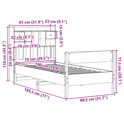 vidaXL Massivholzbett mit Regal ohne Matratze Wachsbraun 75x190 cm