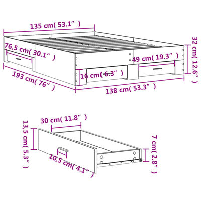 vidaXL Bettgestell mit Schubladen Schwarz 135x190 cm Holzwerkstoff