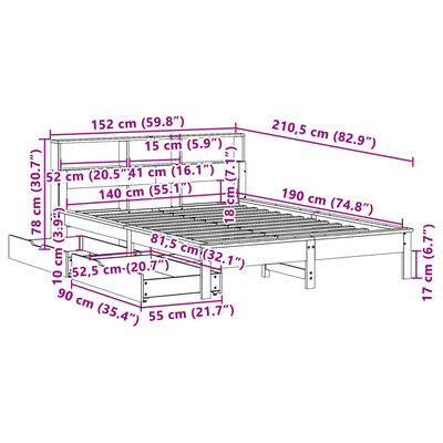 vidaXL Massivholzbett mit Regal ohne Matratze 140x190 cm Kiefernholz