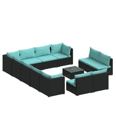 vidaXL 13-tlg. Garten-Lounge-Set mit Kissen Schwarz Poly Rattan