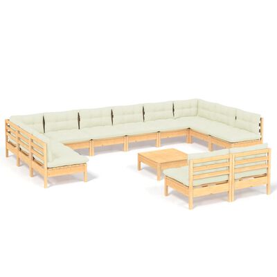 vidaXL 13-tlg. Garten-Lounge-Set mit Creme Kissen Massivholz Kiefer