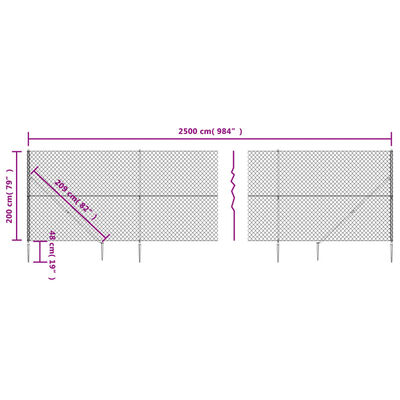 vidaXL Maschendrahtzaun mit Bodenhülsen Silbern 2x25 m