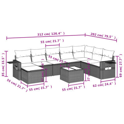 vidaXL 9-tlg. Garten-Sofagarnitur mit Kissen Hellgrau Poly Rattan