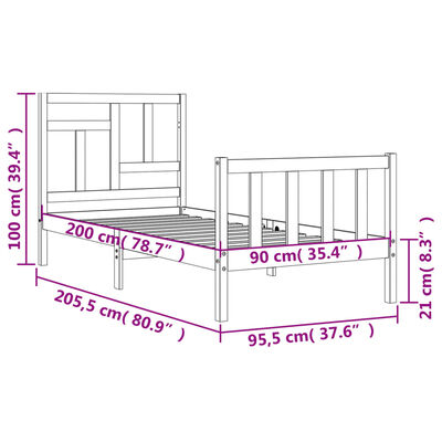 vidaXL Massivholzbett mit Kopfteil Weiß 90x200 cm