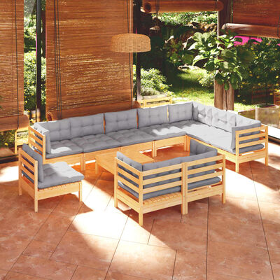 vidaXL 11-tlg. Garten-Lounge-Set mit Grauen Kissen Kiefer Massivholz