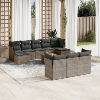 vidaXL 11-tlg. Garten-Sofagarnitur mit Kissen Grau Poly Rattan