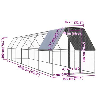 vidaXL Hühnerkäfig 2x12x2 m Verzinkter Stahl