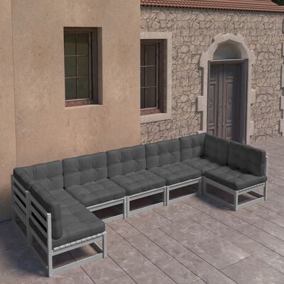 vidaXL 7-tlg. Garten-Lounge-Set mit Kissen Grau Massivholz Kiefer