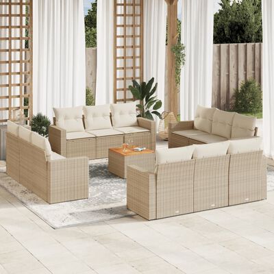 vidaXL 13-tlg. Garten-Sofagarnitur mit Kissen Beige Poly Rattan