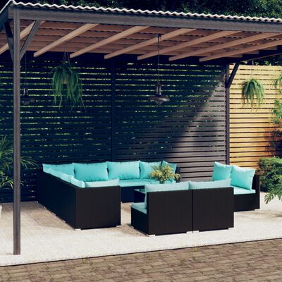 vidaXL 12-tlg. Garten-Lounge-Set mit Kissen Schwarz Poly Rattan