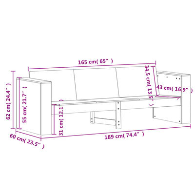 vidaXL Gartensofa 3-Sitzer Weiß 189x60x62 cm Massivholz Kiefer