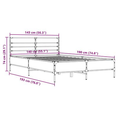 vidaXL Bettgestell Grau Sonoma 140x190 cm Holzwerkstoff und Metall