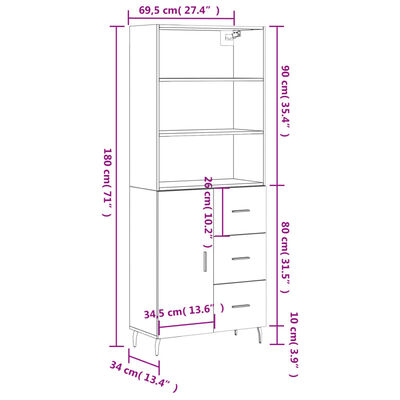 vidaXL Highboard Räuchereiche 69,5x34x180 cm Holzwerkstoff