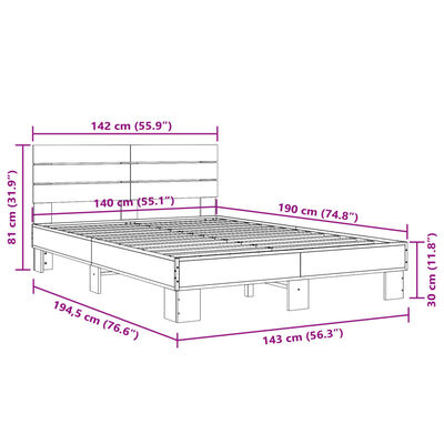 vidaXL Bettgestell Grau Sonoma 140x190 cm Holzwerkstoff und Metall