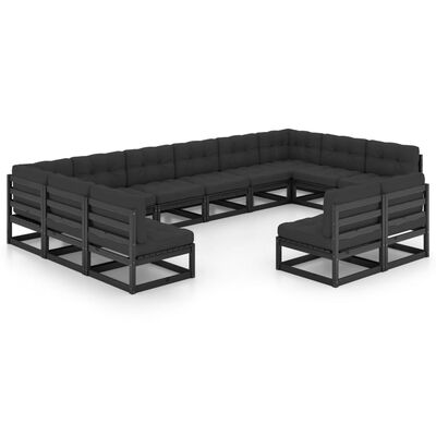 vidaXL 12-tlg. Garten-Lounge-Set mit Kissen Schwarz Massivholz Kiefer