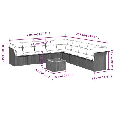 vidaXL 10-tlg. Garten-Sofagarnitur mit Kissen Schwarz Poly Rattan