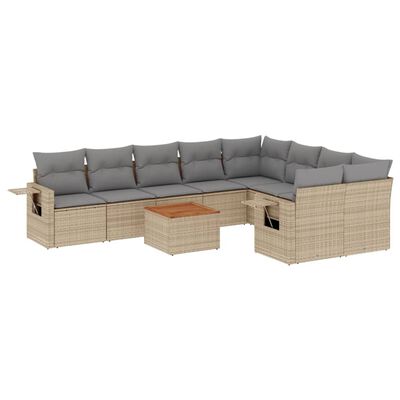 vidaXL 10-tlg. Garten-Sofagarnitur mit Kissen Beige Poly Rattan