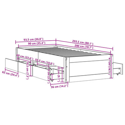 vidaXL Massivholzbett ohne Matratze mit Schubladen Weiß 90x200 cm