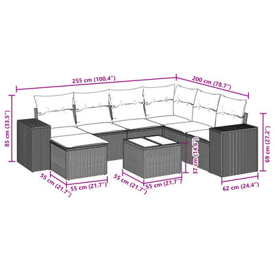 vidaXL 8-tlg. Garten-Sofagarnitur mit Kissen Grau Poly Rattan