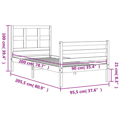 vidaXL Massivholzbett mit Kopfteil Weiß 90x200 cm