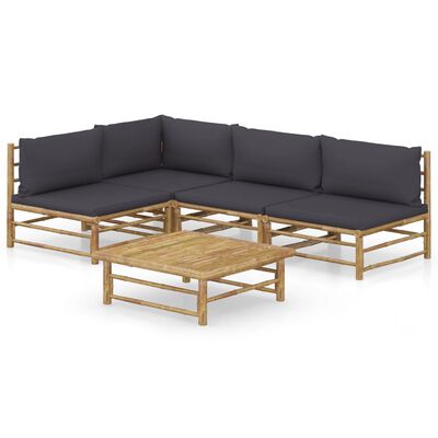 vidaXL 5-tlg. Garten-Lounge-Set mit Dunkelgrauen Kissen Bambus