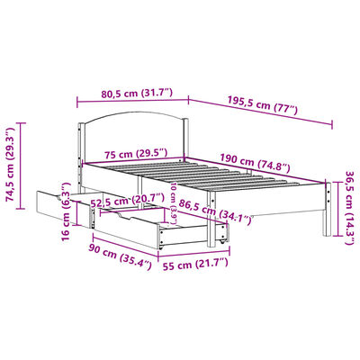 vidaXL Massivholzbett ohne Matratze 75x190 cm Kiefernholz