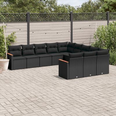 vidaXL 11-tlg. Garten-Sofagarnitur mit Kissen Schwarz Poly Rattan