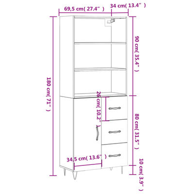 vidaXL Highboard Schwarz 69,5x34x180 cm Holzwerkstoff