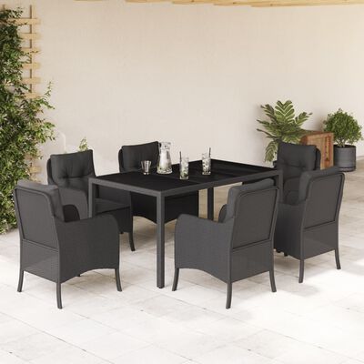 vidaXL 7-tlg. Garten-Essgruppe mit Kissen Schwarz Poly Rattan